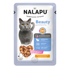 Корм влажный НАЛАПУ Beauty для взрослых кошек, кусочки с диетическим мясом форели в нежном соусе, 77 г