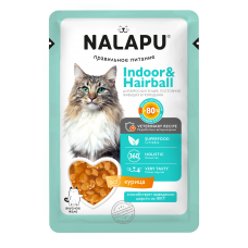 Корм влажный НАЛАПУ Indoor&Hairball для взрослых кошек живущих в помещении, кусочки курицы в желе, 77 г
